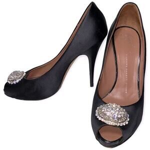 Giuseppe Zanotti Women’s Size 39 8.5 Black Satin Peep Toe Crystal Pumps Heels